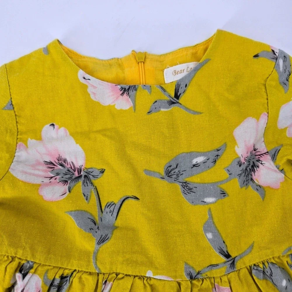 Bear Leader Mustard Yellow Floral Ruffle Sleeve Cotton Jumper Dress‎ Size 120